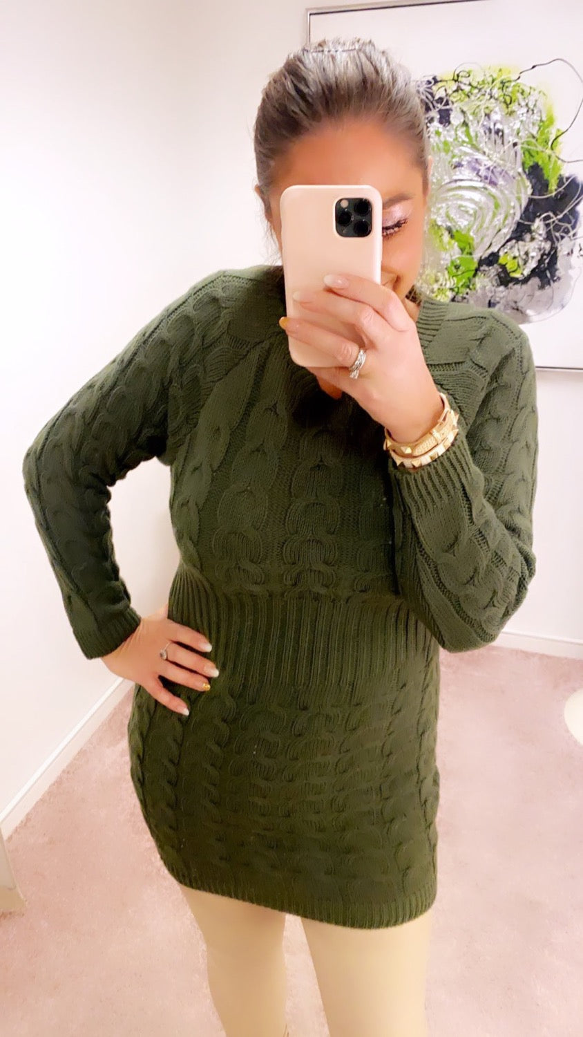 Strik kjole m. Rib - khaki grøn