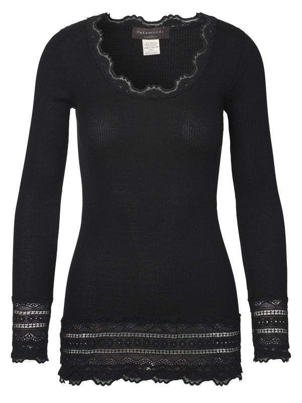 Rosemunde Bred vintage blondebluse, lang, sort