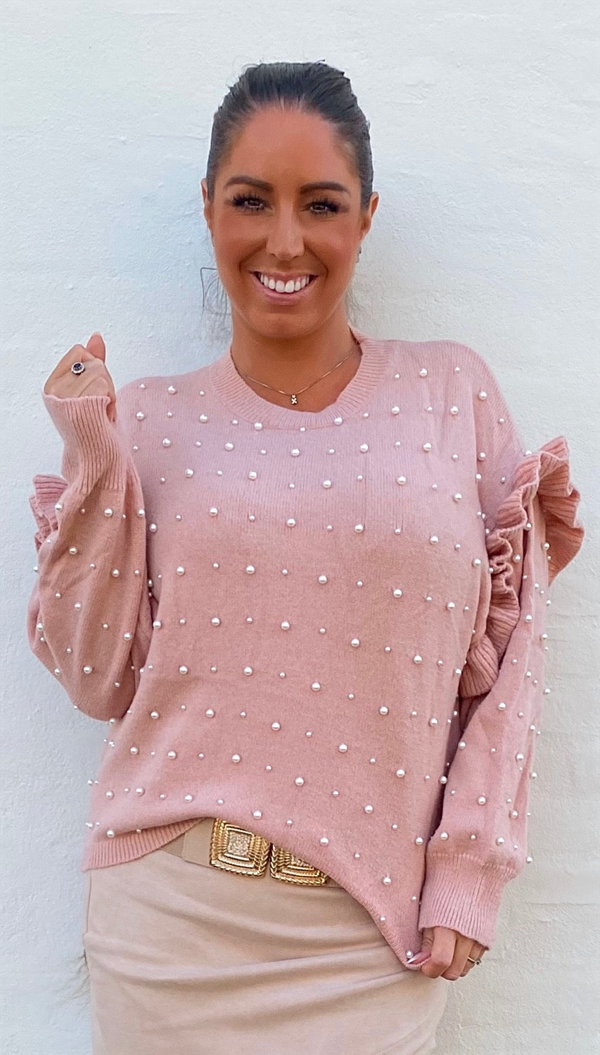 Bluse i strik med perler - rosa