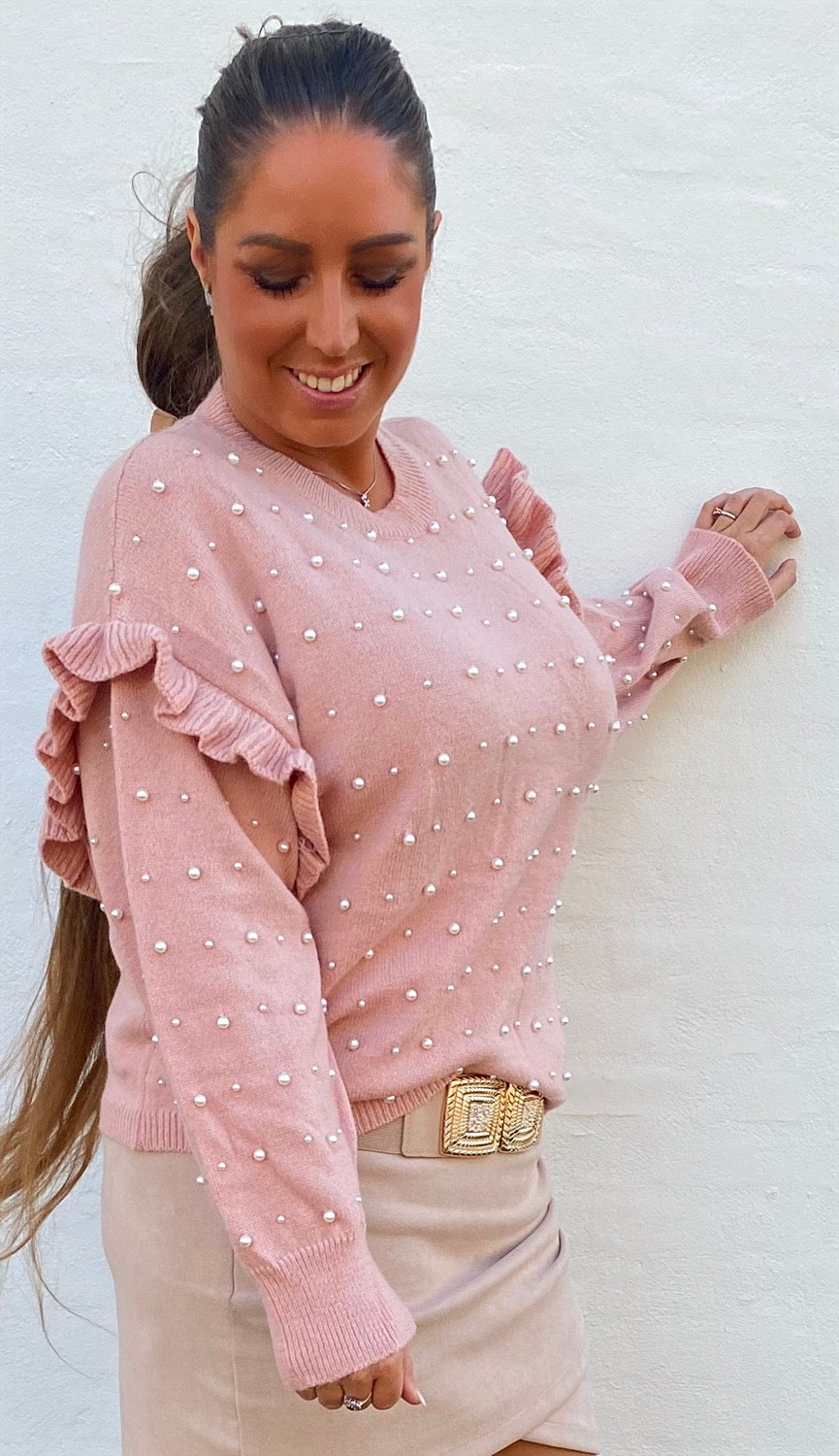 Bluse i strik med perler - rosa