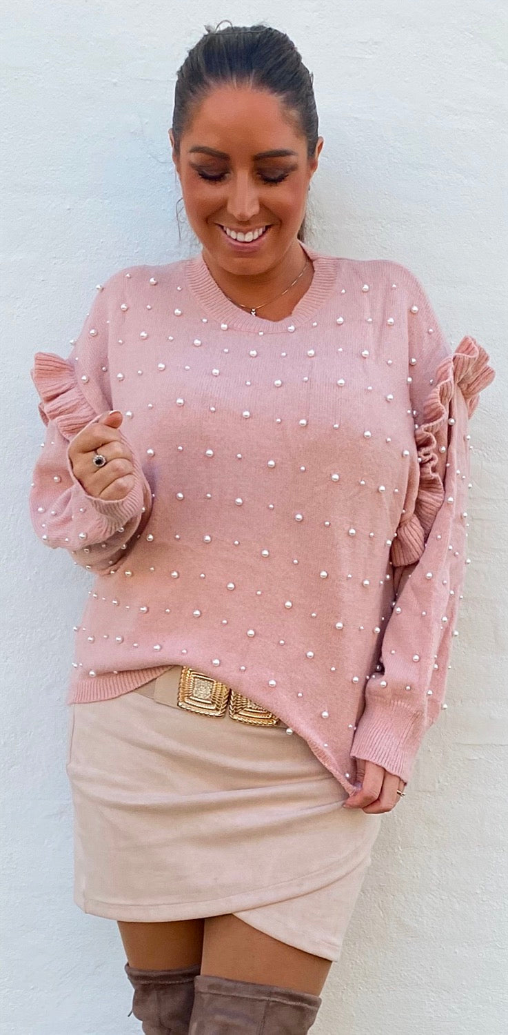 Bluse i strik med perler - rosa
