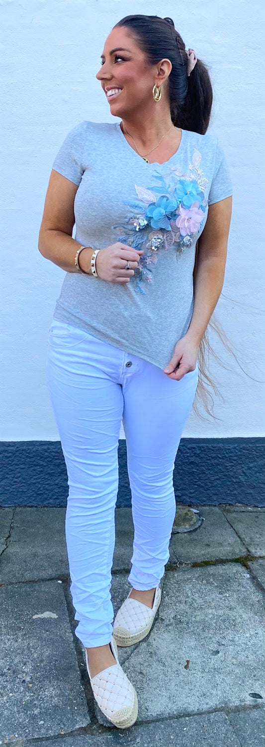 T-shirt - grå m. Blomster