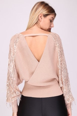 Bluse med paliet ærmer - taupe