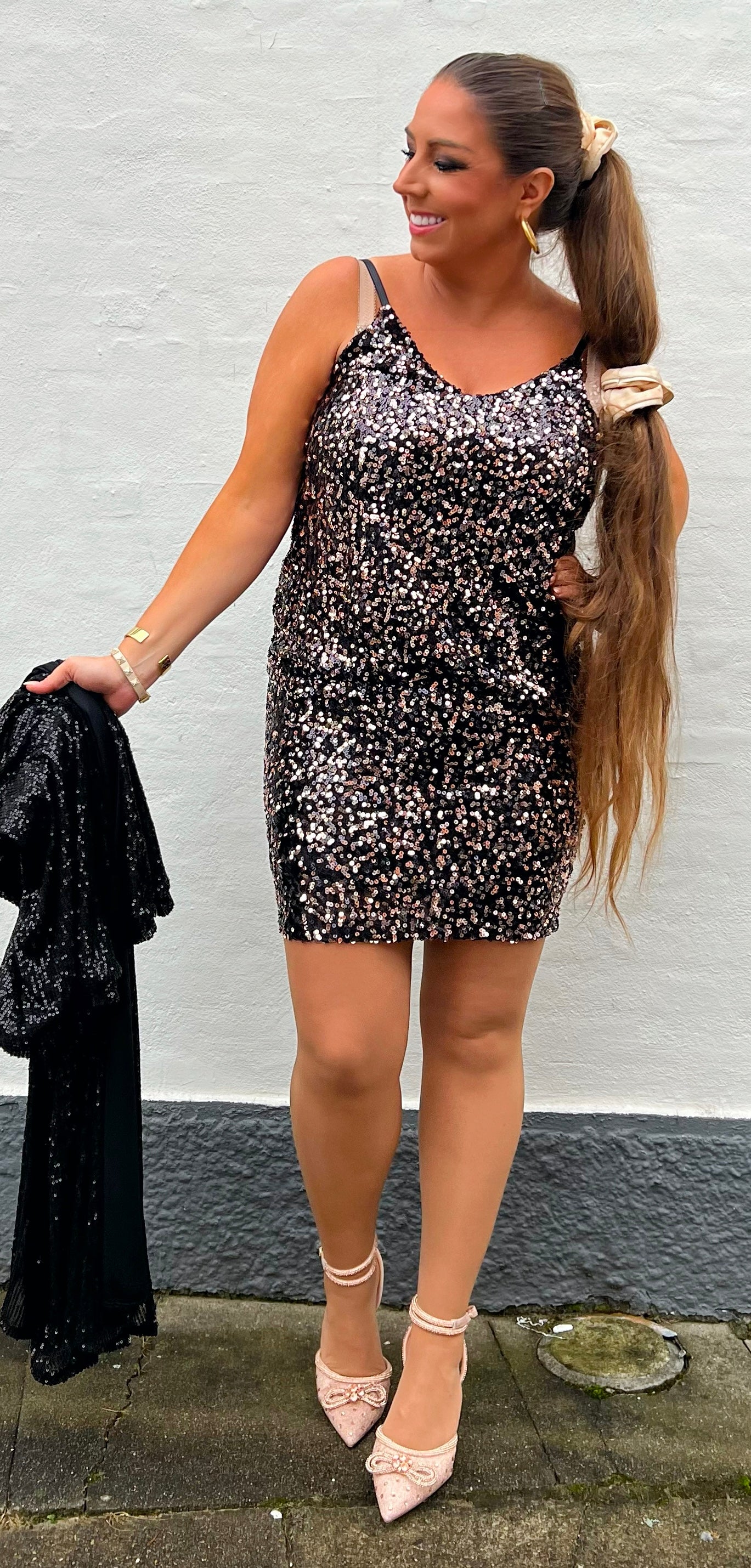 Top med palietter - sort m. Rosegold