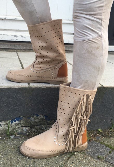 Indianer støvle m. frynser - beige