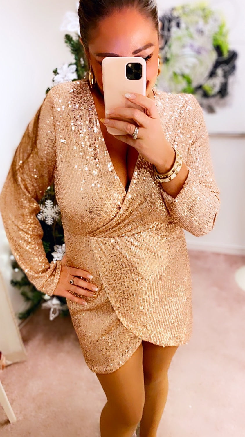 Palietkjole med slids i rosegold 1254