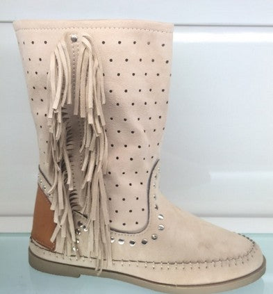 Indianer støvle m. frynser - beige