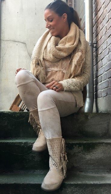 Indianer støvle m. frynser - beige