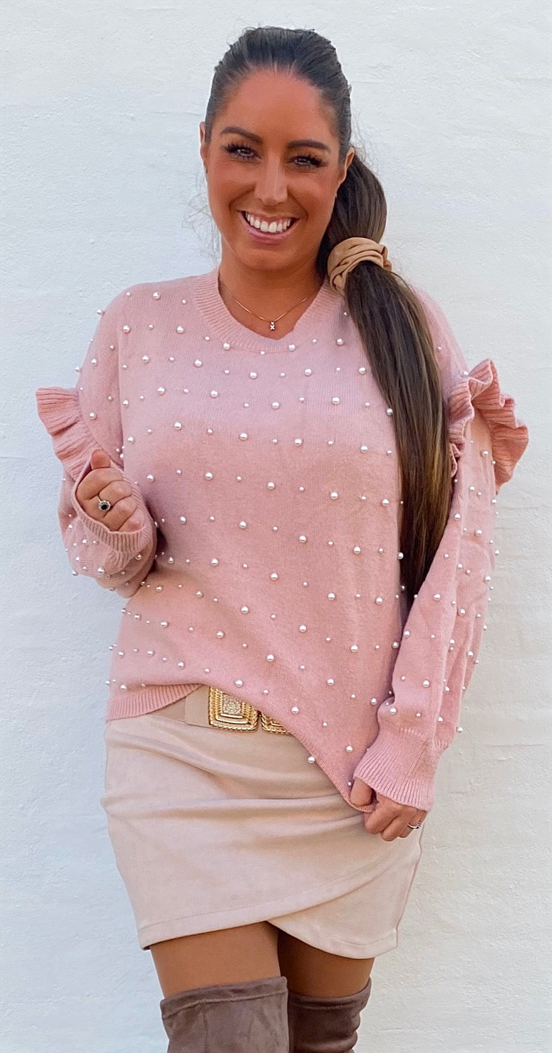 Bluse i strik med perler - rosa