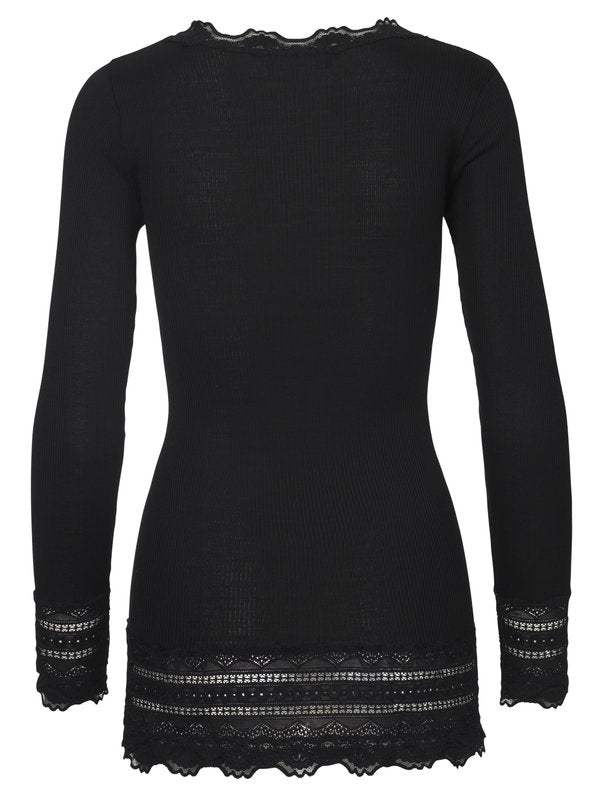 Rosemunde Bred vintage blondebluse, lang, sort