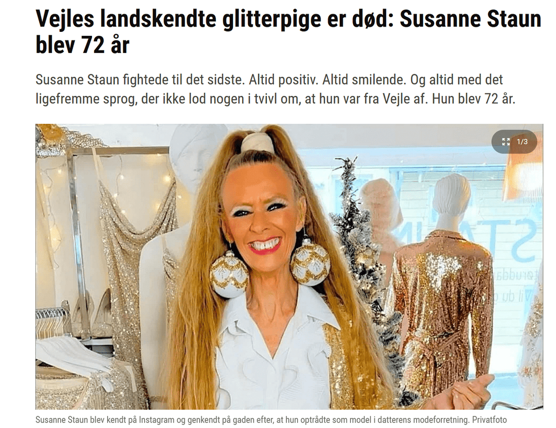 Vejles landskendte glitterpige er død: Susanne Staun blev 72 år - Staun Denmark - Til hverdag og fest 