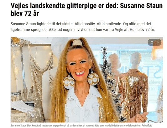 Vejles landskendte glitterpige er død: Susanne Staun blev 72 år - Staun Denmark - Til hverdag og fest