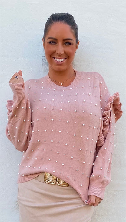 Bluse i strik med perler - rosa