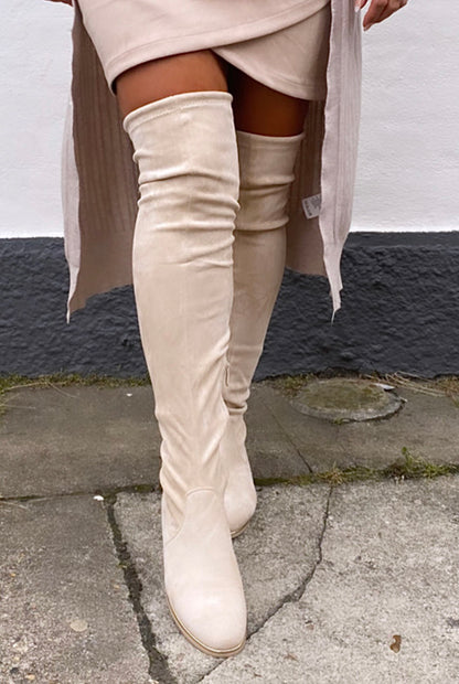 Overknee i beige m. guldkant