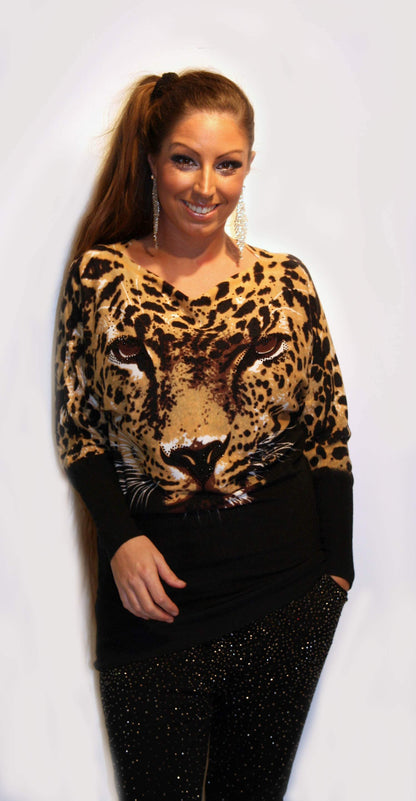 Bluse med leopard og sort sten - sort