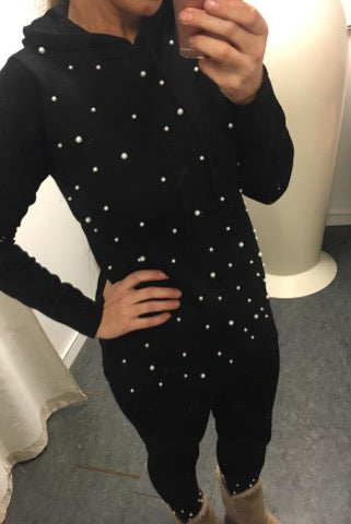 Hoodie sæt m. perler og sten  - sort