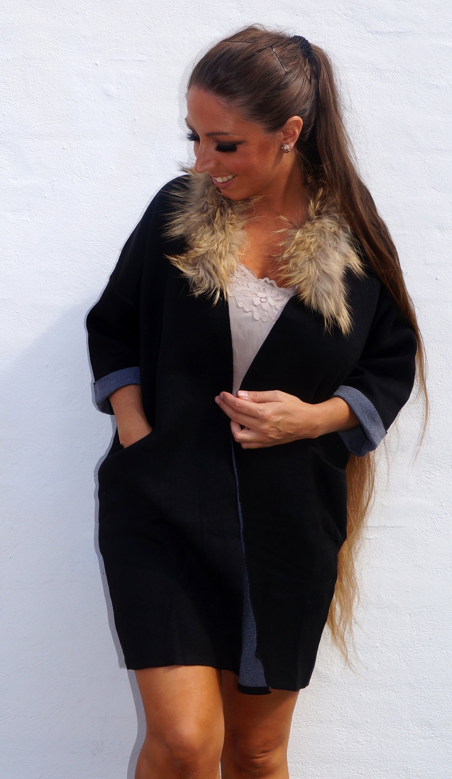 Cardigan m. pels i sort