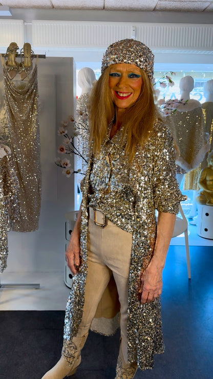 Staun kimono kjole i guld glitter - forudbestilling til uge 20