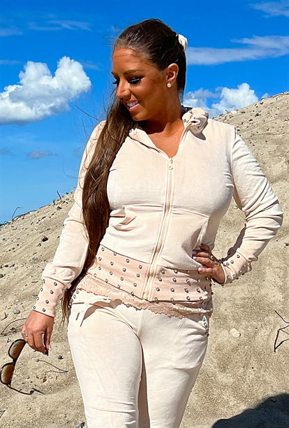 Divaz sæt m. Sten på ærmer og hætte - beige