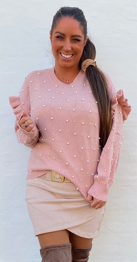 Bluse i strik med perler - rosa