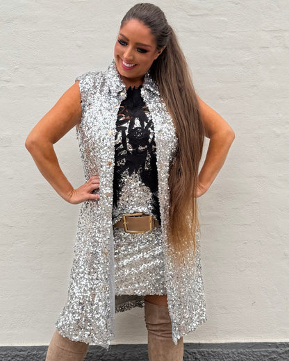 Staun kimono vest i sølv glitter u. Ærmer