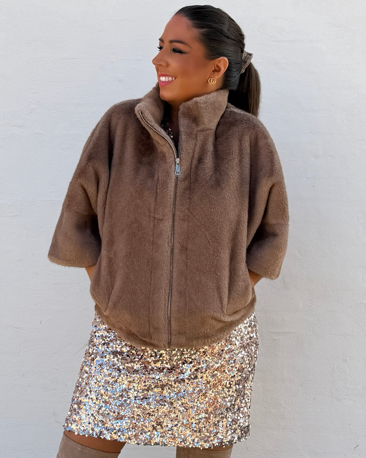 Faux fur vest i brun m. Lynlås - taupe