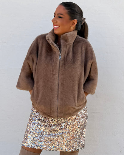 Faux fur vest i brun m. Lynlås - taupe