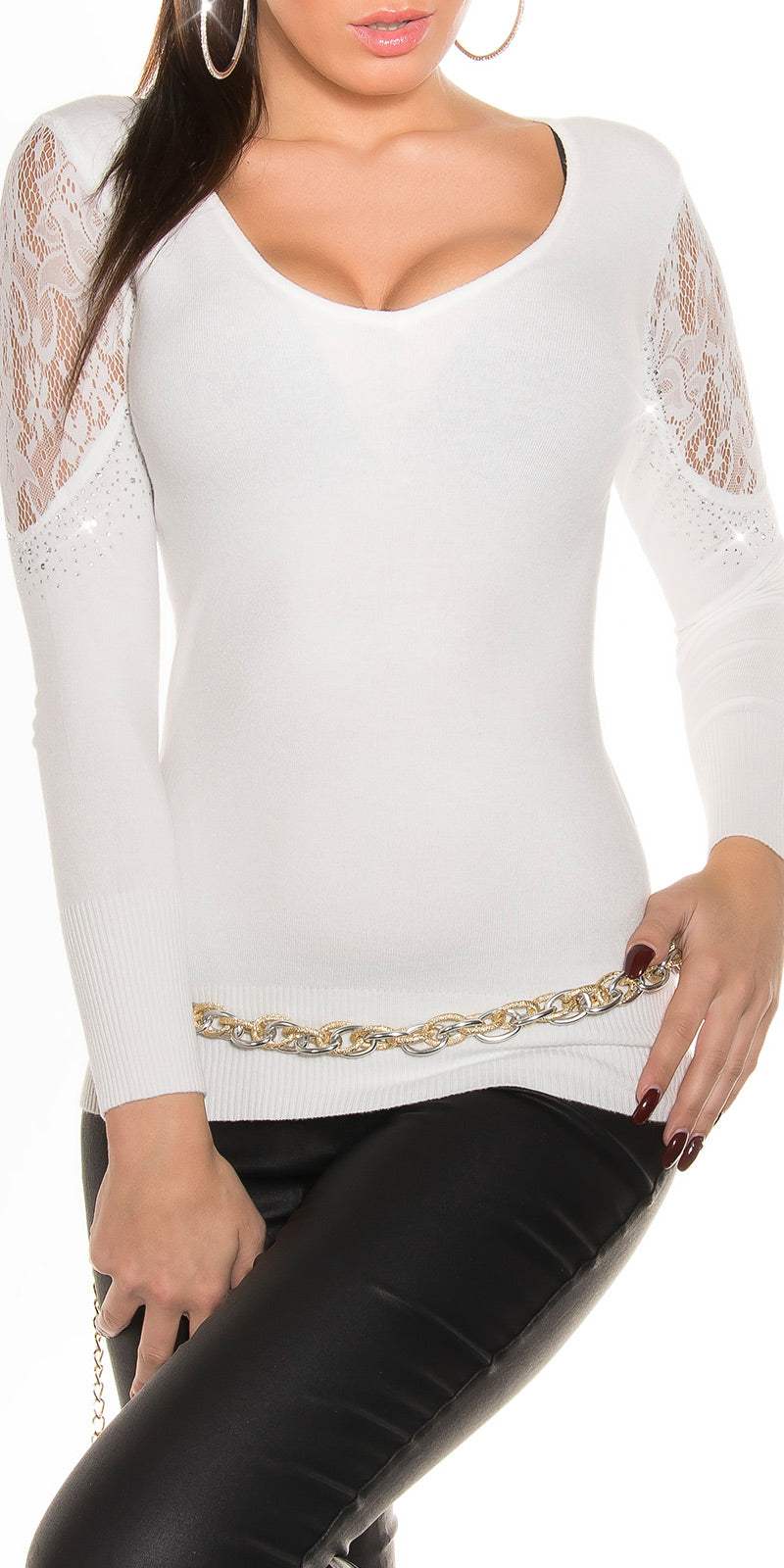 Bluse med blonde på ærmerne, ryg og sten - hvid - Staun Denmark - Til hverdag og fest