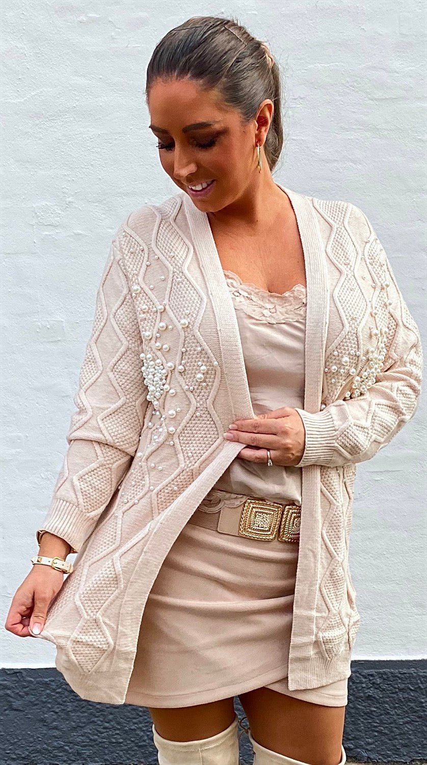 Cardigan i strik med perler - beige - Staun Denmark - Til hverdag og fest