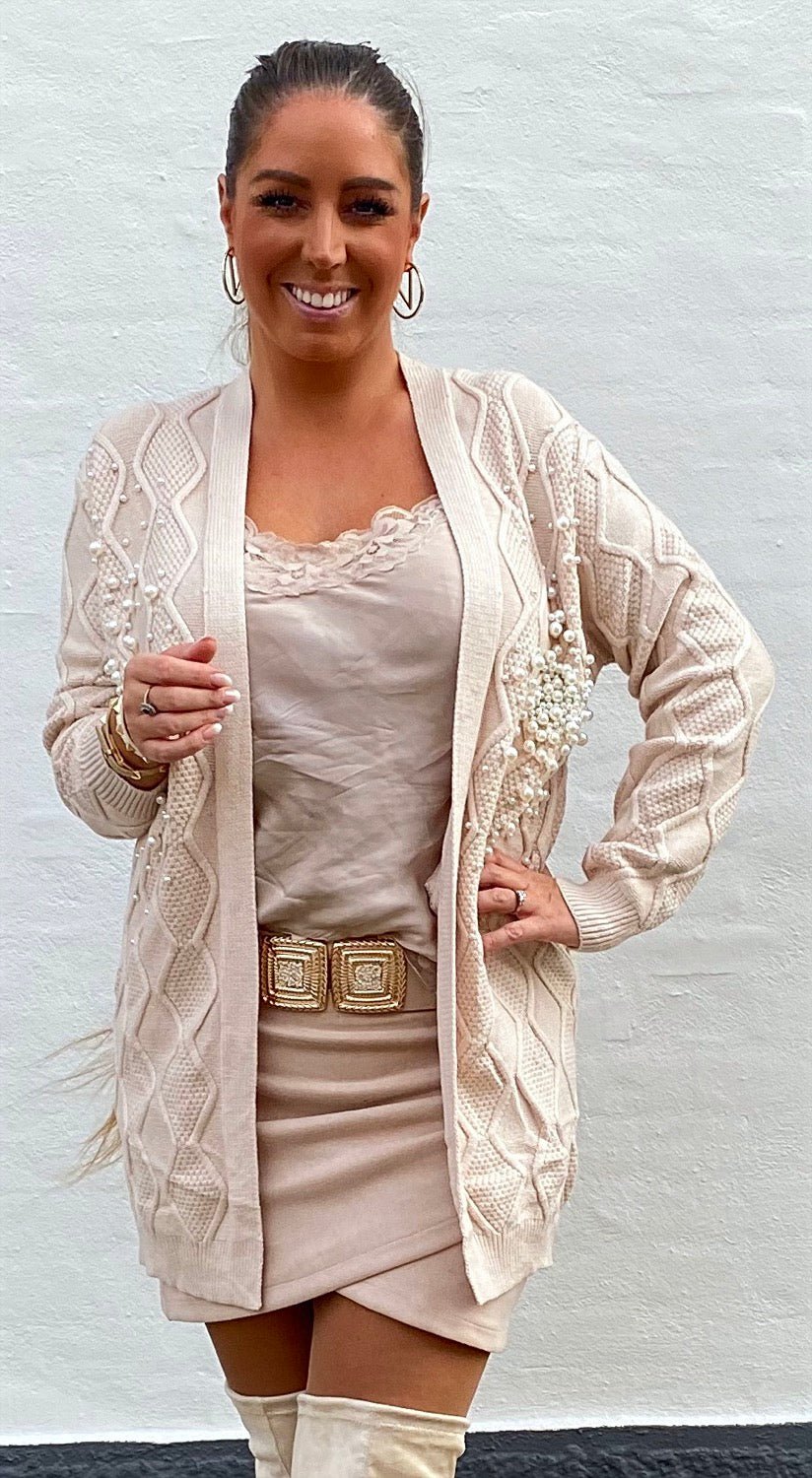 Cardigan i strik med perler - beige - Staun Denmark - Til hverdag og fest