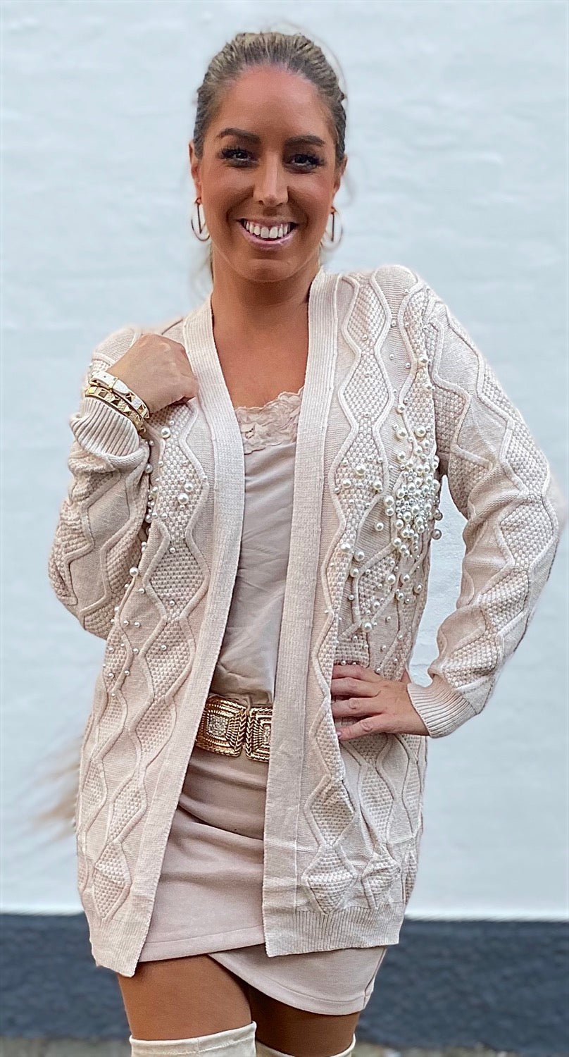 Cardigan i strik med perler - beige - Staun Denmark - Til hverdag og fest