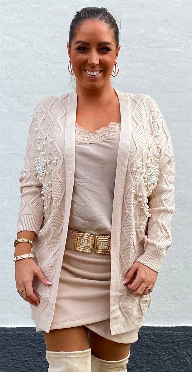 Cardigan i strik med perler - beige - Staun Denmark - Til hverdag og fest