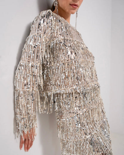 Frynse bluse i pailetter i beige - Staun Denmark - Til hverdag og fest