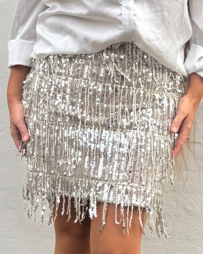 Frynse Nederdel i pailetter i beige - Staun Denmark - Til hverdag og fest