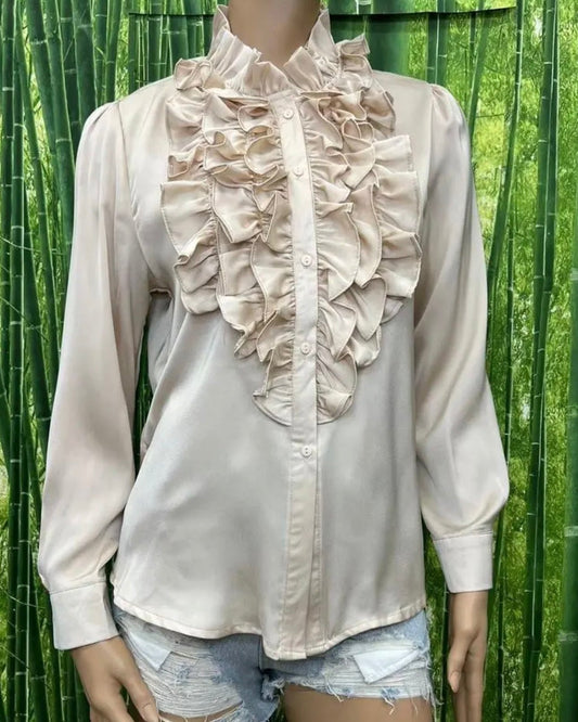 Satin skjorte med flæser - beige - Staun Denmark - Til hverdag og fest