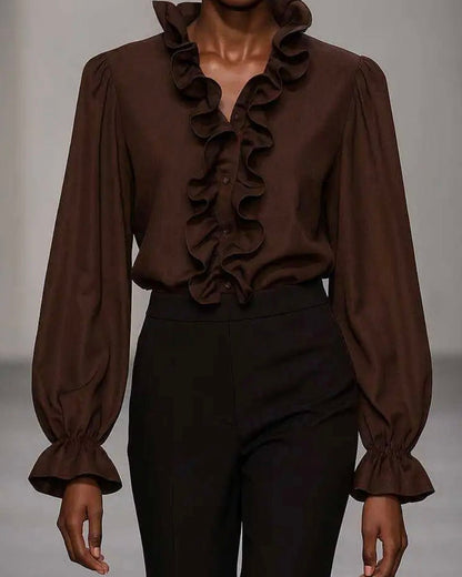 Skjorte med flæser langs front - brun - Staun Denmark - Til hverdag og fest