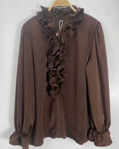 Skjorte med flæser langs front - brun - Staun Denmark - Til hverdag og fest