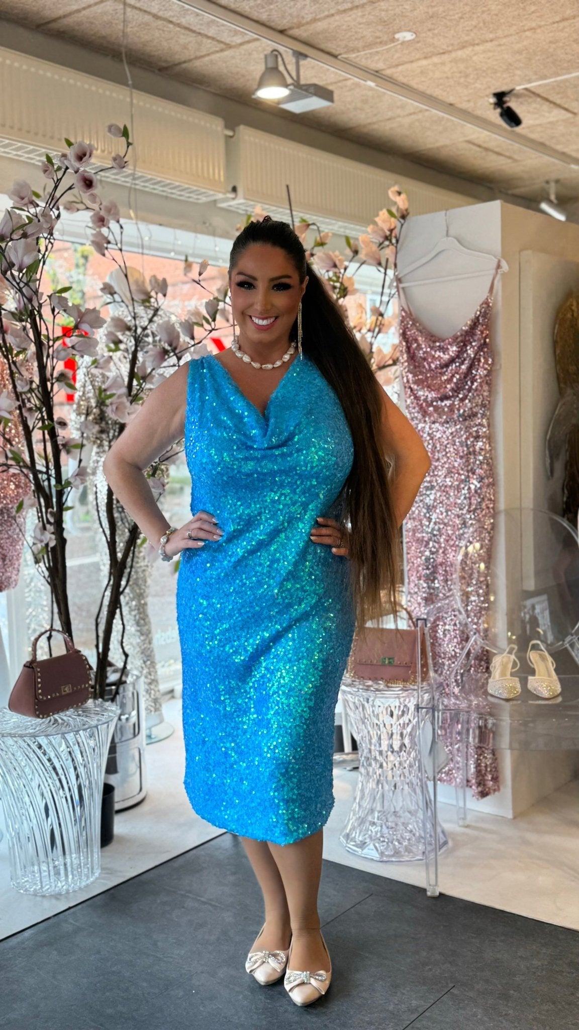 Staun glitter fall lang kjole - Aqua blå - Staun Denmark - Til hverdag og fest