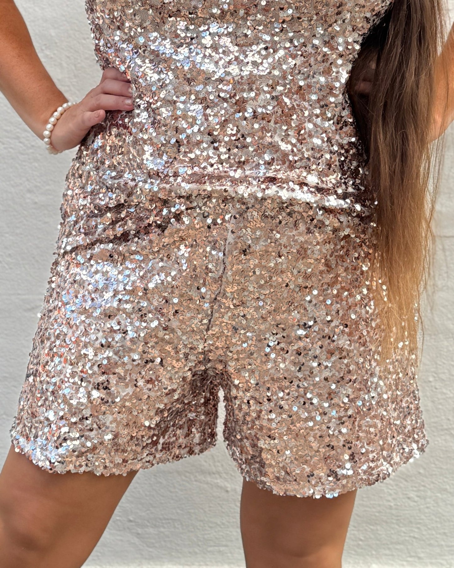 Staun Shorts i rosegold med pailletter (str 42-50) Midsize shorts - Staun Denmark - Til hverdag og fest