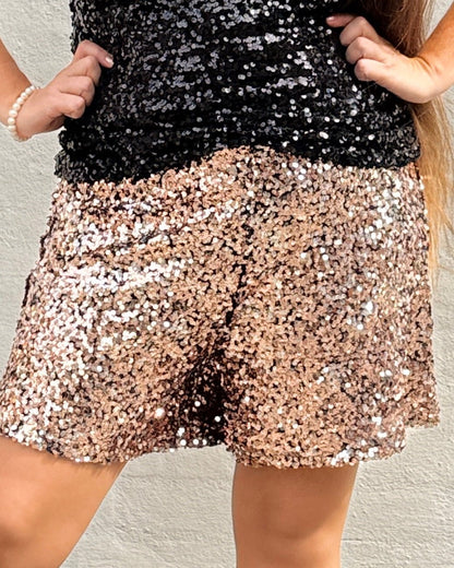 Staun Shorts i rosegold med sort med pailletter (str 42-50) - Midsize shorts - Staun Denmark - Til hverdag og fest